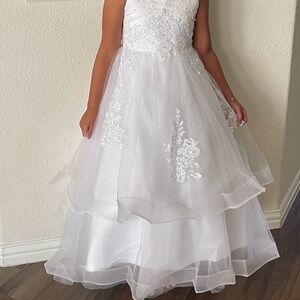 White Floral Applique Tulle Girls' Dress